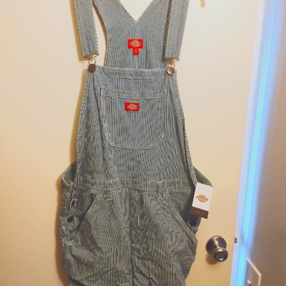 Dickies Navy and White Striped Overall Shorts